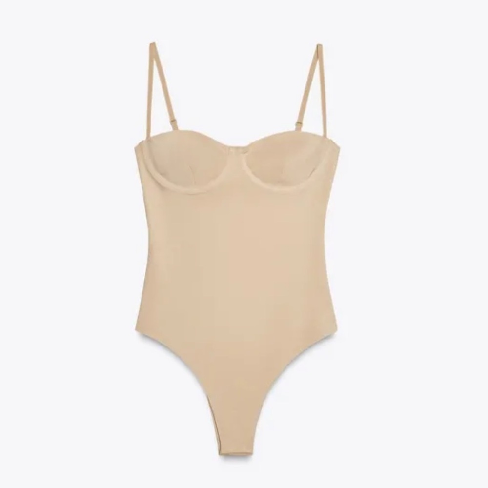 Zara Beige Bodysuit with Spaghetti Straps | M